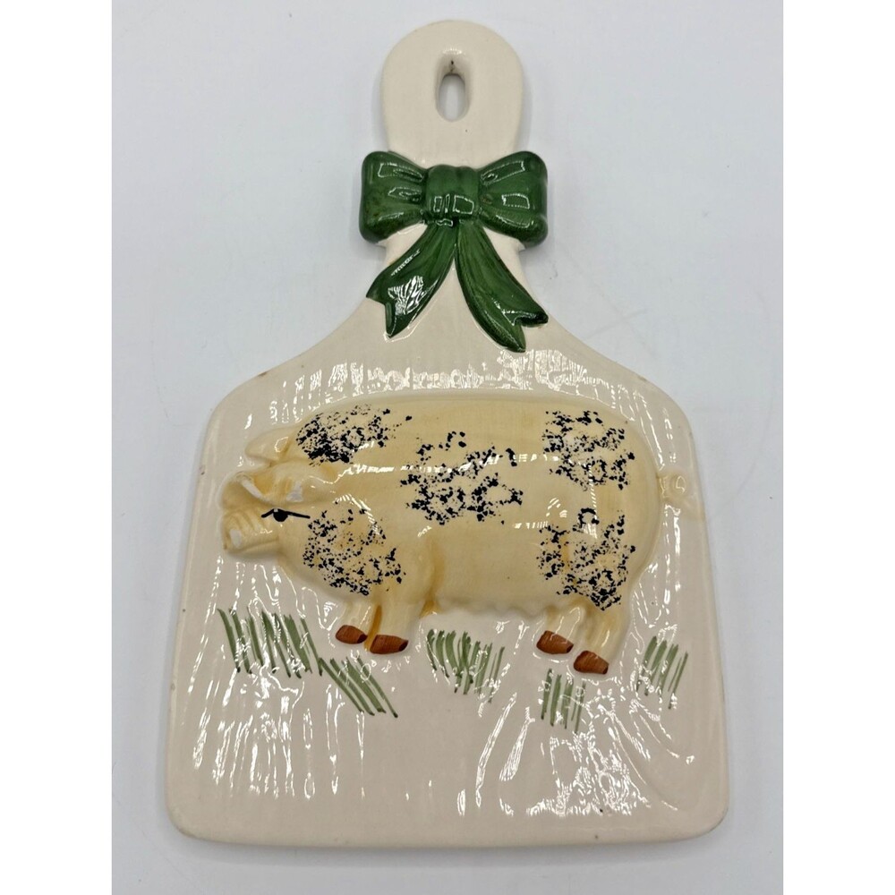 Country Kitchen Pig W/Bow Wall Hanging Trivet Decor Ceramic Painted 9.5”